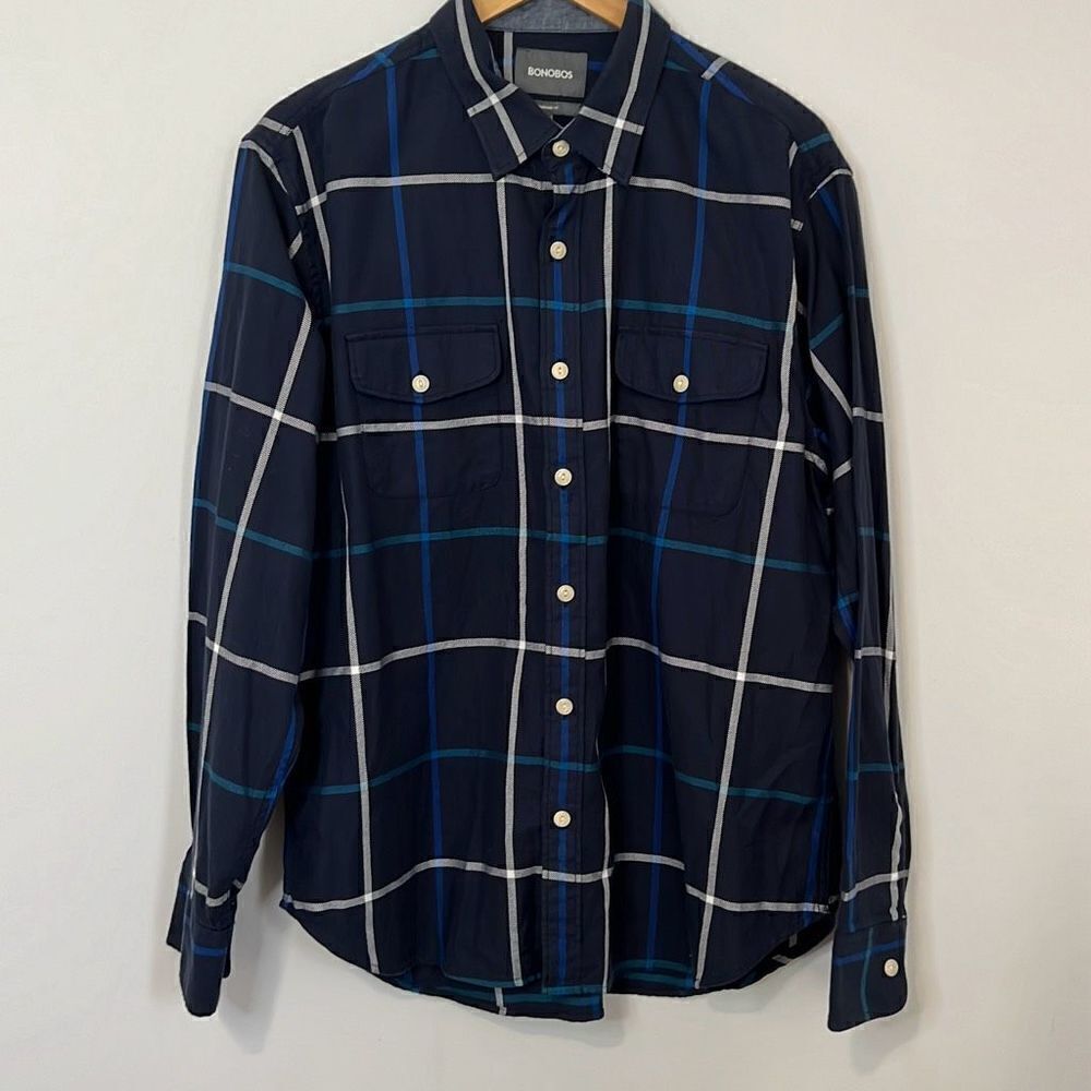 Bonobos Men’s Long Sleeve Casual Button Down Size XL Navy Blue Green White Plaid